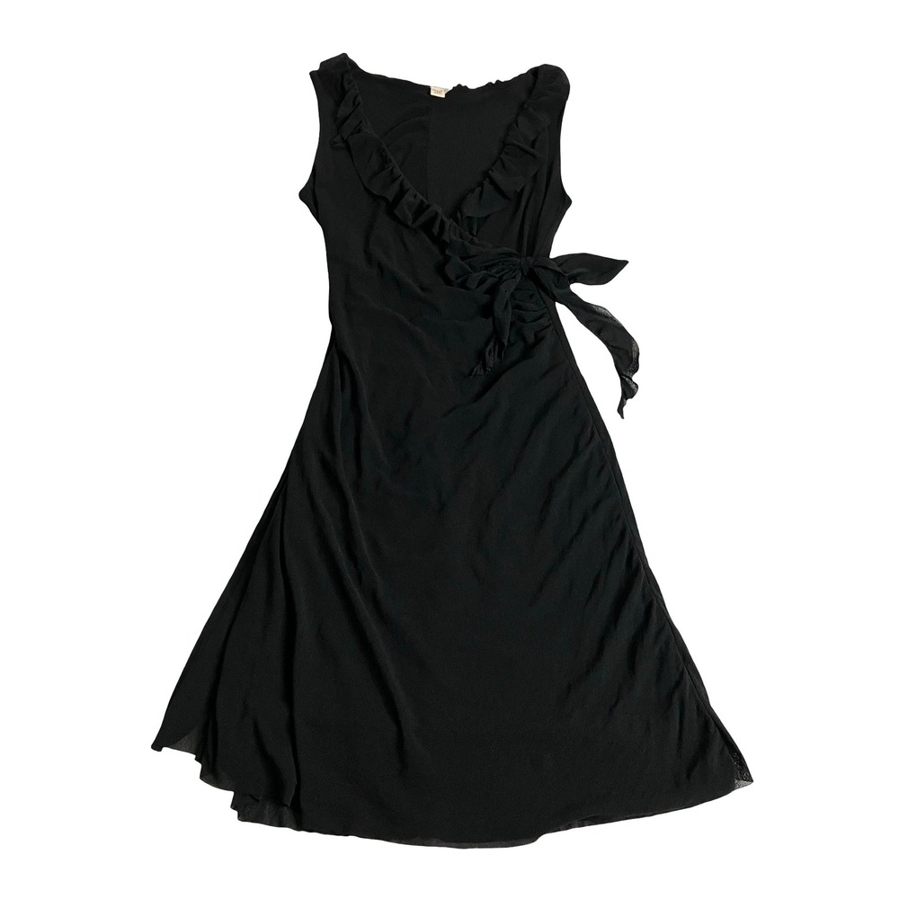 Vintage Y2K Sweet Pea Mesh Faux Wrap Dress Large Black Ruffle Bodycon Sleeveless